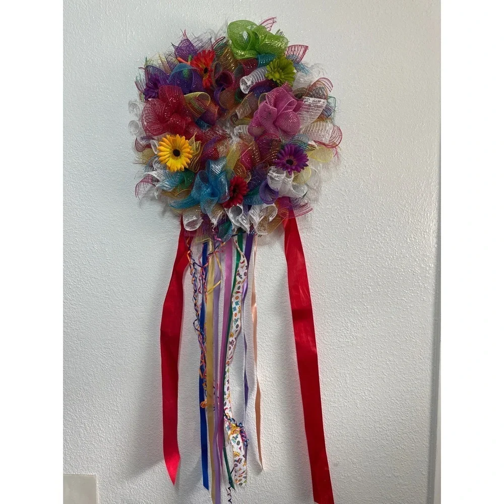 Colorful Mesh Ribbon Door Wall Hanging Wreath Whimsical Home Decor
